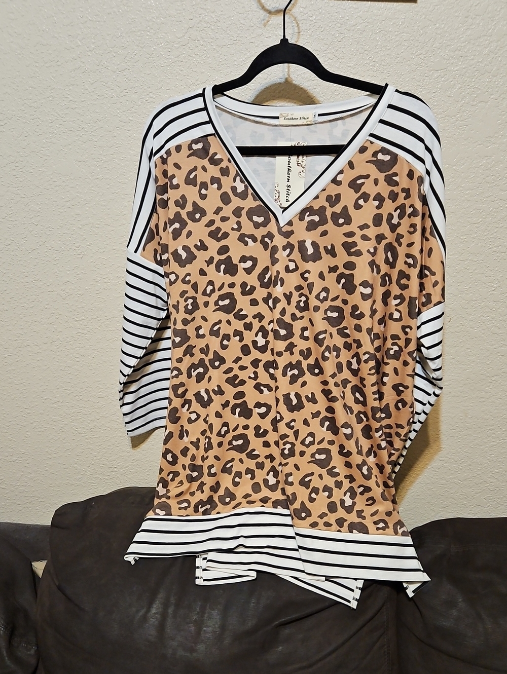Leopard Print V-Neck Tunic with Black & White Stripe Accents - Brown